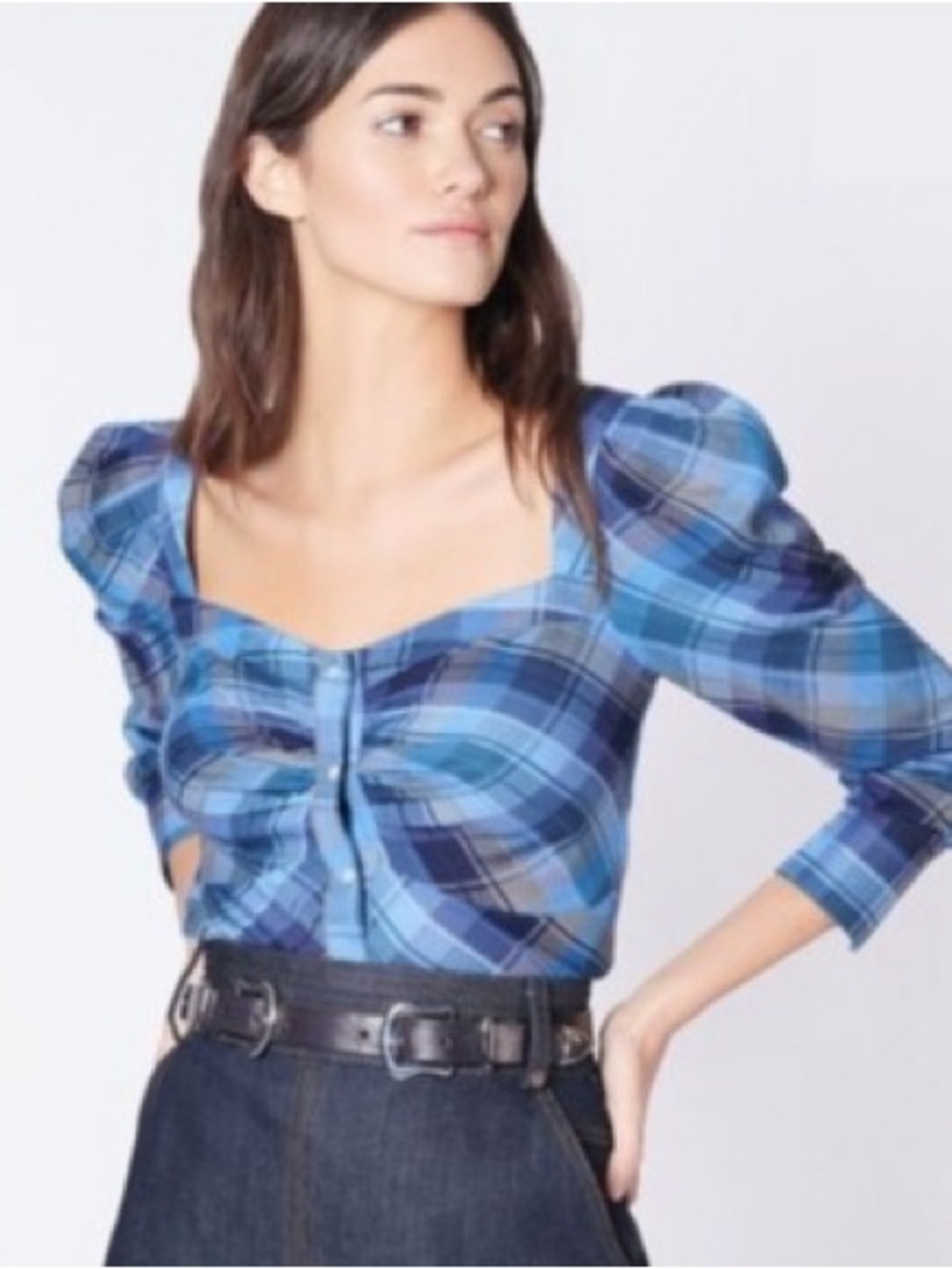 Veronica Beard Frankie Blue Plaid Square-Neck Puff Sleeve Button Down Top